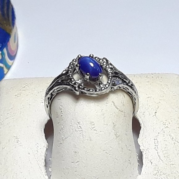 Vintage 6X4mm Blue Star Sapphire angled Open framed 10Kt White Gold Ring #17217